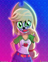 Size: 1500x1942 | Tagged: safe, artist:dieart77, derpibooru import, applejack, human, equestria girls, g4, clothes, cowboy hat, dia de los muertos, fake fangs, glow, glowing eyes, hand on hip, hat, image, jpeg, looking at you, shirt