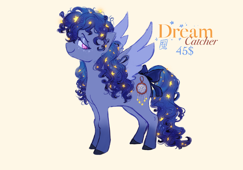 Size: 2048x1430 | Tagged: safe, artist:nightprince-art, derpibooru import, oc, oc:dream catcher, unofficial characters only, pegasus, pony, ethereal mane, female, freckles, image, lidded eyes, mare, name, png, simple background, smiling, solo, spread wings, star freckles, starry mane, stars in mane, wings, yellow background