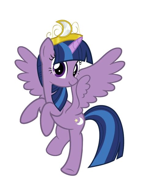 Size: 1440x1800 | Tagged: safe, artist:alicesponycorner, derpibooru import, twilight sparkle, twilight sparkle (alicorn), twilight twinkle, alicorn, pony, g4, leak, alicorn wings, blue hair, blue mane, blue tail, crescent moon, crown, female, flying, image, jewelry, jpeg, looking at you, mare, moon, purple coat, purple eyes, race swap, raised hoof, regalia, show accurate, show bible, simple background, smiling, smiling at you, solo, spread wings, straight hair, straight mane, straight tail, tail, wings