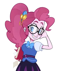 Size: 2398x2815 | Tagged: safe, derpibooru import, pinkie pie, equestria girls, g4, book, bowtie, braces, cute, glasses, image, png, ponytail, smiling