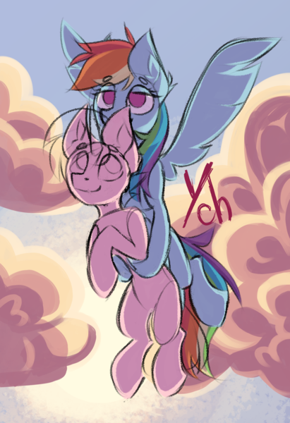 Size: 2403x3512 | Tagged: safe, artist:twi_sfw, derpibooru import, rainbow dash, oc, pegasus, unicorn, g4, advertisement, auction, auction open, background, cloud, commission, duo, flying, horn, image, looking at each other, looking at someone, outdoors, png, sketch, smiling, smiling at each other, sunset, ych sketch, your character here