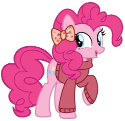 Size: 781x754 | Tagged: safe, artist:noi kincade, derpibooru import, edit, edited screencap, screencap, pinkie pie, earth pony, pony, g4, autumn, bow, clothes, coat, female, hair bow, image, not a vector, open mouth, open smile, pixel-crisp art, png, raised hoof, simple background, smiling, solo, sweater, transparent background, turtleneck