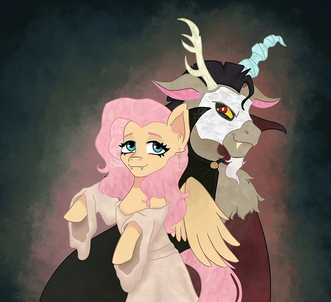 Size: 4000x3656 | Tagged: safe, artist:enigmadoodles, artist:enigmaticfrustration, derpibooru import, discord, fluttershy, discoshy, female, high res, image, jpeg, male, mask, phantom of the opera, shipping, straight