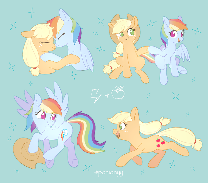 Size: 1700x1500 | Tagged: safe, artist:sion, derpibooru import, applejack, rainbow dash, earth pony, pegasus, pony, g4, accessory theft, appledash, boop, chase, duo, duo female, eyes closed, female, floppy ears, green background, hoofbump, image, lesbian, mare, no pupils, noseboop, png, shipping, simple background, sparkles