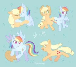 Size: 1700x1500 | Tagged: safe, artist:sion, derpibooru import, applejack, rainbow dash, earth pony, pegasus, pony, g4, accessory theft, appledash, boop, chase, duo, duo female, eyes closed, female, floppy ears, green background, hoofbump, image, lesbian, mare, no pupils, noseboop, png, shipping, simple background, sparkles