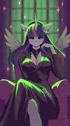 Size: 2244x4000 | Tagged: safe, artist:xjenn9, ponerpics import, twilight sparkle, anthro, breasts, clothes, dress, female, image, lights, looking at you, png, sitting, solo, solo female