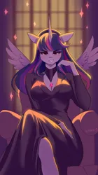 Size: 2244x4000 | Tagged: safe, artist:xjenn9, ponerpics import, twilight sparkle, anthro, breasts, cleavage, clothes, dress, female, image, looking at you, png, sitting, solo, solo female