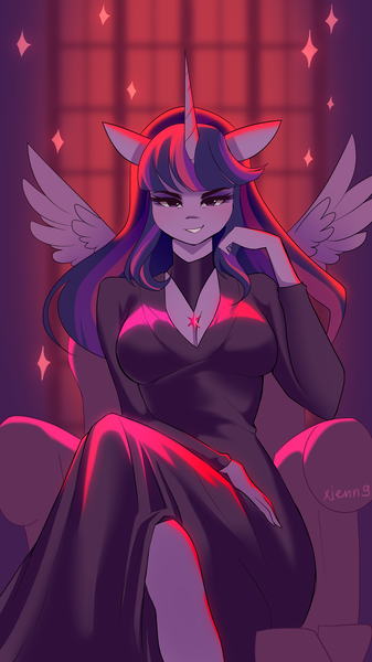 Size: 2244x4000 | Tagged: safe, artist:xjenn9, ponerpics import, twilight sparkle, anthro, breasts, cleavage, clothes, dress, female, image, looking at you, png, sitting, solo, solo female