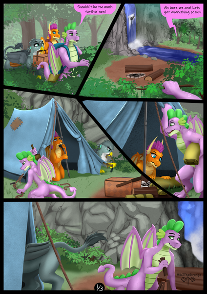 Size: 1447x2047 | Tagged: safe, artist:mik3thestrange, derpibooru import, gabby, smolder, spike, dragon, gryphon, comic:campers delight, g4, butt, camping, comic, dragoness, female, female focus, gabbooty, image, male, older, older spike, png, ship:spabby, shipping, solo focus, straight, tent, trio