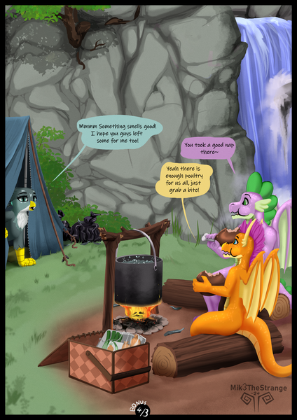 Size: 1447x2047 | Tagged: safe, artist:mik3thestrange, derpibooru import, gabby, smolder, spike, dragon, gryphon, comic:campers delight, g4, bait and switch, campfire, camping, cooking pot, dialogue, dragoness, eating, female, food, image, male, meat, older, older spike, png, ship:spabby, ship:spolder, shipping, speech bubble, straight, subversion, trio