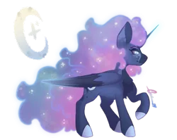 Size: 2243x1783 | Tagged: safe, artist:trashpanda czar, derpibooru import, princess luna, alicorn, pony, g4, alternate design, chest fluff, coat markings, colored sclera, concave belly, cutie mark, ear fluff, ethereal mane, eyebrows, eyelashes, female, flowing mane, folded wings, glow, glowing eyes, glowing horn, horn, image, mare, mlp fim's fourteenth anniversary, moon, png, raised hoof, signature, simple background, starry mane, stars, transparent background, twitterina design, wings