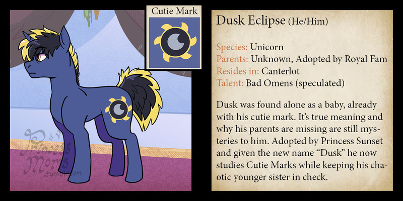 Size: 1250x625 | Tagged: safe, artist:overlordneon, derpibooru import, oc, oc:dusk eclipse, unofficial characters only, pony, unicorn, adopted offspring, bio, horn, image, jpeg, magical lesbian spawn, male, offspring, parent:sunset shimmer, parent:twilight sparkle, parents:sunsetsparkle, solo, stallion, text