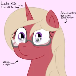 Size: 2000x2000 | Tagged: safe, artist:mariculture, ponerpics import, oc, oc:happy heartsong, unofficial characters only, pony, unicorn, bust, female, glasses, horn, image, mare, pink background, png, simple background, solo, text, unicorn oc