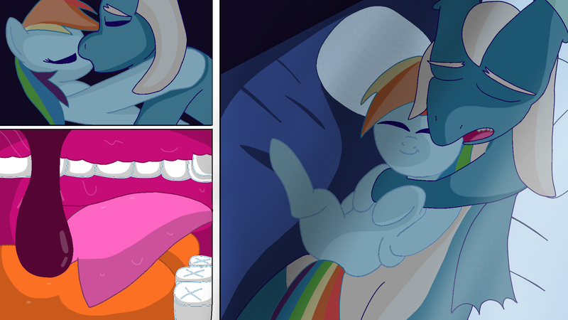 Size: 1920x1080 | Tagged: suggestive, artist:cooperthedoodlian, derpibooru import, rainbow dash, oc, oc:solkon, dragon, pegasus, pony, bed, bestiality, cuddling, fetish, image, interspecies, kiss on the lips, kissing, lying down, making out, mouth, on back, open mouth, pillow, png, snuggling, spread legs, spreading, tongue out, uvula