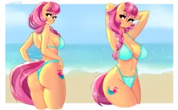 Size: 4000x2468 | Tagged: suggestive, artist:xjenn9, ponerpics import, sunny starscout, anthro, g5, beach, bikini, breasts, cleavage, clothes, female, image, png, solo, solo female, swimsuit