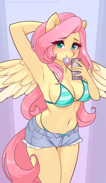 Size: 1812x3120 | Tagged: suggestive, artist:xjenn9, ponerpics import, fluttershy, anthro, bikini, breasts, clothes, condom, female, image, phone, png, solo, solo female, string bikini, swimsuit