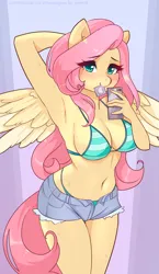 Size: 1812x3120 | Tagged: suggestive, artist:xjenn9, ponerpics import, fluttershy, anthro, bikini, breasts, clothes, condom, female, image, phone, png, solo, solo female, string bikini, swimsuit