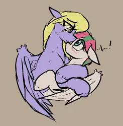 Size: 808x826 | Tagged: safe, artist:candel, derpibooru import, blossomforth, cloud kicker, pegasus, pony, fanfic:the life and times of a winning pony, winningverse, g4, blushing, eye contact, female, hug, image, looking at each other, looking at someone, mare, png, shipping, simple background, unshorn fetlocks, wings