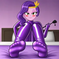 Size: 1024x1024 | Tagged: suggestive, machine learning generated, ponerpics import, pipp petals, equestria girls, g5, breasts, clothes, feet, female, fetish, foot fetish, foot focus, gloves, image, jpeg, latex, latex gloves, latex socks, latex suit, riding crop, socks, soles, solo, solo female, toes