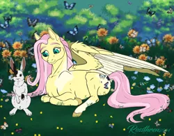 Size: 1462x1149 | Tagged: safe, artist:rossthren, derpibooru import, angel bunny, fluttershy, butterfly, insect, pegasus, pony, rabbit, g4, alternate cutie mark, alternate design, animal, duo, duo male and female, female, flower, grass, image, lying down, male, mare, outdoors, partially open wings, png, prone, signature, smiling, wings