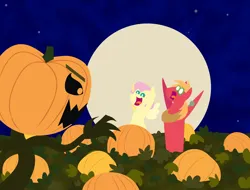 Size: 2848x2160 | Tagged: safe, anonymous artist, derpibooru import, big macintosh, fluttershy, earth pony, pegasus, pony, series:fm holidays, g4, alternate hairstyle, crossover, female, fluttermac, full moon, great pumpkin, halloween, halloween 2024, high res, holiday, hooves in air, image, it's the great pumpkin charlie brown!, male, mare, monster, moon, night, open mouth, open smile, peanuts, png, pointy ponies, pumpkin, pumpkin patch, robot chicken, screaming, shipping, short mane, smiling, stallion, straight, varying degrees of want