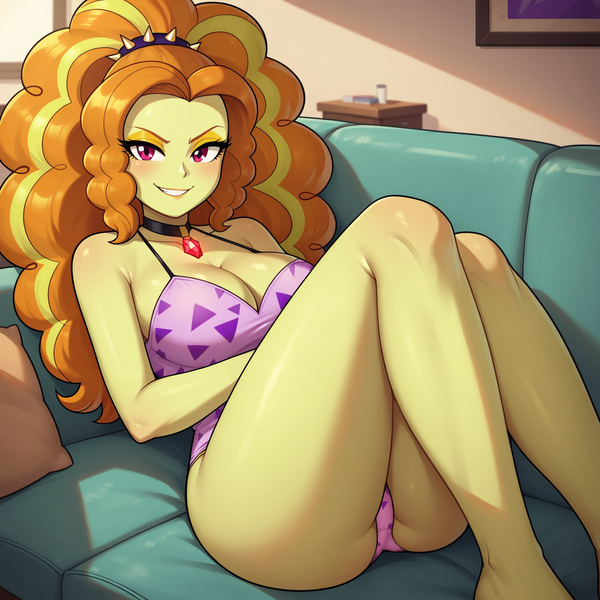 Size: 1536x1536 | Tagged: suggestive, ai content, derpibooru import, machine learning generated, prompter:funnyglow144, stable diffusion, adagio dazzle, human, equestria girls, g4, ass, bedroom eyes, big breasts, blushing, breasts, busty adagio dazzle, butt, cleavage, clothes, couch, dress, female, generator:pony diffusion v6 xl, grin, image, indoors, legs, living room, looking at you, looking back, looking back at you, lying down, on back, on couch, panties, png, sexy, shirt, smiling, smirk, solo, solo female, t-shirt, teasing, thighs, underwear, window