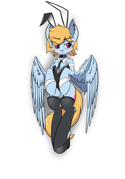 Size: 3500x5000 | Tagged: safe, alternate version, artist:yufebwifbi, derpibooru import, oc, oc:gale spark, unofficial characters only, pegasus, pony, bunny suit, clothes, female, image, jpeg, mare, simple background, solo, white background, wings