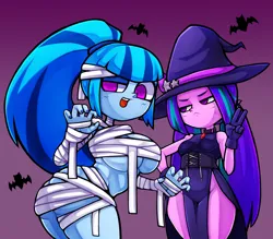 Size: 1323x1157 | Tagged: suggestive, artist:kyouman1010, derpibooru import, aria blaze, sonata dusk, bat, human, equestria girls, g4, breasts, busty sonata dusk, clothes, costume, duo, duo female, female, halloween, halloween costume, hat, holiday, image, jpeg, mummy costume, witch costume, witch hat