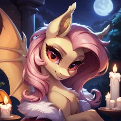 Size: 1024x1024 | Tagged: safe, ai content, derpibooru import, machine learning generated, stable diffusion, fluttershy, bat pony, pegasus, pony, g4, bat ponified, candle, flutterbat, generator:pony diffusion v6 xl, halloween, holiday, image, nightmare night, outdoors, png, prompter:teonanakatle, pumpkin, race swap, solo