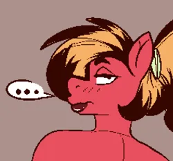 Size: 692x645 | Tagged: safe, artist:gayplantsex, derpibooru import, big macintosh, anthro, earth pony, g4, ..., brown background, image, lipstick, looking at you, looking back, looking back at you, macareina, png, ponytail, rule 63, simple background, solo, speech bubble