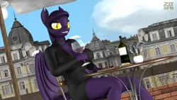 Size: 3840x2160 | Tagged: safe, artist:zgsfm, derpibooru import, oc, oc:grape wine, unofficial characters only, anthro, bat pony, 3d, alcohol, big breasts, bottle, breasts, build, chair, city, cleavage, clothes, dress, huge breasts, image, indoors, intersex, png, sky, table, town, umbrella, wine, wine bottle