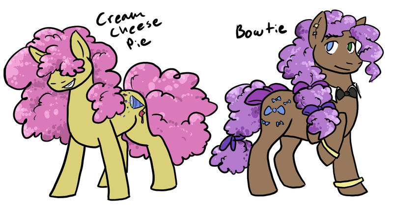 Size: 1626x860 | Tagged: safe, artist:moonstruck-badger, derpibooru import, oc, oc:bowtie, oc:cream cheese pie, unofficial characters only, earth pony, pony, bowtie, bracelet, duo, grin, hair over eyes, heterochromia, image, jewelry, male, name, nonbinary, offspring, parent:cheese sandwich, parent:pinkie pie, parents:cheesepie, png, siblings, simple background, smiling, stallion, white background