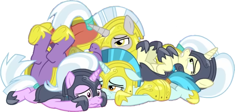 Size: 944x453 | Tagged: safe, derpibooru import, edit, edited screencap, editor:pascalmulokozi2, screencap, earth pony, pegasus, pony, unicorn, g4, season 9, the ending of the end, spoiler:s09, armor, armored pony, dazed, defeat, defeated, female, guard, horn, image, male, mare, png, royal guard, stallion