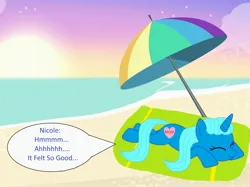 Size: 3202x2392 | Tagged: safe, artist:memeartboi, derpibooru import, ponified, pony, unicorn, g4, beach, beach towel, beach umbrella, beautiful, cute, eyes closed, female, heart, horn, image, jpeg, lying down, mare, nicole watterson, outdoors, relaxed, relaxing, relieved, sand, solo, speech bubble, sun, sunbathing, sunset, text, the amazing world of gumball, towel, umbrella, unicorn horn