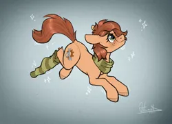 Size: 1801x1306 | Tagged: safe, artist:helmie-art, derpibooru import, oc, oc:rusty gears, unofficial characters only, earth pony, pony, clothes, female, freckles, image, jpeg, mare, scarf, smiling, socks, solo, striped scarf, striped socks