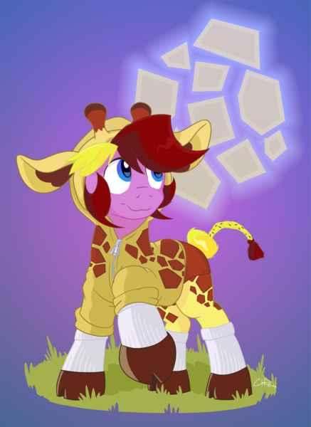 Size: 1200x1646 | Tagged: safe, artist:stec-corduroyroad, derpibooru import, oc, oc:corduroy road, earth pony, giraffe, pony, clothes, costume, derpibooru exclusive, earth pony oc, halloween, halloween costume, holiday, hoodie, image, male, mlp fim's fourteenth anniversary, moon, nightmare night, ossicones, png, shorts, simple background, socks, solo, stallion, stallion oc