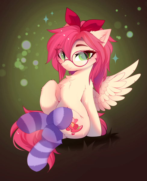 Size: 3301x4059 | Tagged: safe, artist:empress-twilight, derpibooru import, oc, oc:strawberry splash, unofficial characters only, pegasus, pony, belly, belly button, blushing, bow, cheek fluff, chest fluff, clothes, commission, crossed hooves, crossed legs, ear fluff, eye clipping through hair, eyebrows, eyebrows visible through hair, female, glasses, hair bow, image, looking at you, mare, pegasus oc, png, sitting, smiling, smiling at you, socks, solo, sparkles, striped socks, tail, wings, ych result