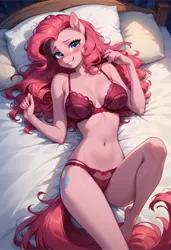 Size: 832x1216 | Tagged: suggestive, ai content, derpibooru import, machine learning generated, prompter:anyman4252627, pinkie pie, anthro, bed, bedroom eyes, clothes, image, jpeg, lingerie, sultry pose