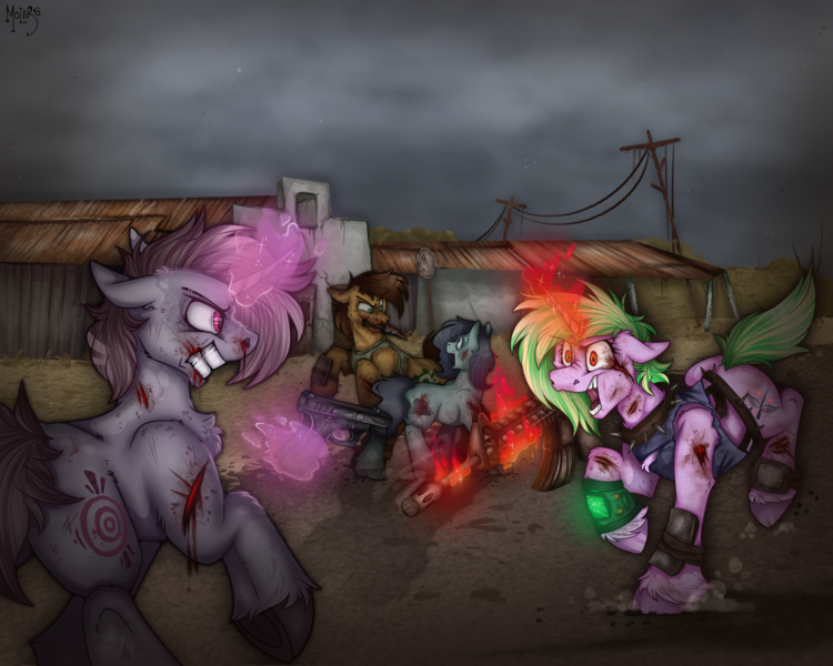 Size: 3000x2400 | Tagged: semi-grimdark, artist:molars, derpibooru import, oc, oc:blue monday, oc:bullseye, oc:nuclear nusiance, unofficial characters only, earth pony, pony, unicorn, fallout equestria, apocalypse, armor, ashes town, blood, commission, crying, cut, dynamic pose, grimace, gritted teeth, gun, handgun, horn, image, magic, pistol, png, raider, raiders, rearing, rifle, running, smiling, standing, teeth, telekinesis, wasteland, weapon