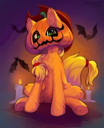 Size: 980x1200 | Tagged: safe, artist:margony, derpibooru import, applejack, earth pony, pony, image, png, pumpkin, solo