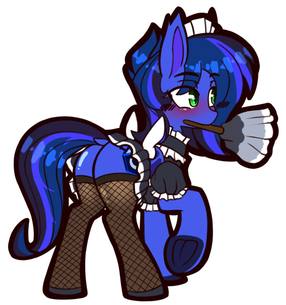 Size: 2036x2175 | Tagged: safe, artist:chiefywiffy, derpibooru import, oc, oc:guard cobalt flash, unofficial characters only, bat pony, bat pony oc, bat wings, blushing, clothes, commission, crossdressing, duster, fishnet clothing, fishnets, image, maid, male, png, socks, solo, solo male, stockings, thigh highs, wings, ych result