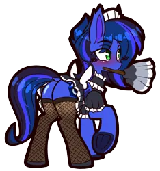 Size: 2036x2175 | Tagged: safe, artist:chiefywiffy, derpibooru import, oc, oc:guard cobalt flash, unofficial characters only, bat pony, bat pony oc, bat wings, blushing, clothes, commission, crossdressing, duster, fishnet clothing, fishnets, image, maid, male, png, socks, solo, solo male, stockings, thigh highs, wings, ych result