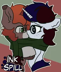 Size: 780x923 | Tagged: safe, artist:kranonetwork, derpibooru import, oc, oc:arden stream, oc:ink spill, unofficial characters only, kirin, unicorn, clothes, glasses, horn, image, jpeg, kissing, scarf, shared clothing, shared scarf