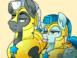 Size: 1280x962 | Tagged: safe, artist:sunnysynopsis, derpibooru import, thunderlane, pegasus, pony, g4, armor, duo, female, guardian angel (g4), image, jpeg, male, royal guard, simple background, tongue out, yellow background