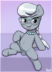 Size: 1824x2520 | Tagged: suggestive, artist:heretichesh, derpibooru import, silver spoon, earth pony, pony, g4, belly, belly button, colored, eyelashes, female, foal, foalcon, frog (hoof), glasses, gray coat, gray tail, grey hair, image, jewelry, leaning back, looking at you, necklace, pearl necklace, png, ponytail, purple eyes, solo, spoon, spread legs, spreading, strategically covered, sultry pose, tongue out, underage, underhoof