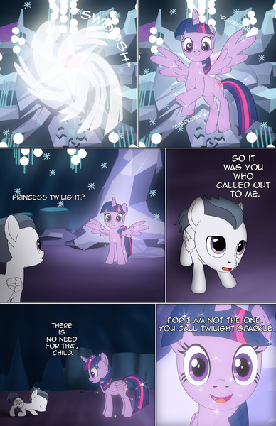 Size: 1989x3072 | Tagged: safe, artist:anonymousandrei, derpibooru import, rumble, tree of harmony, twilight sparkle, twilight sparkle (alicorn), alicorn, pegasus, pony, comic:rumble and the tree of harmony, g4, bowing, cave, colt, comic, derpibooru exclusive, dialogue, female, foal, image, jpeg, male, mare, talking, treelight sparkle