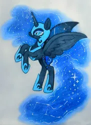 Size: 931x1280 | Tagged: safe, artist:puppofriendo, derpibooru import, nightmare moon, princess luna, alicorn, pegasus, pony, armor, constellation, constellation hair, drawing, ethereal mane, fanart, image, long legs, magic, mlp fim's fourteenth anniversary, nightmare night, on hind legs, pencil, png, prismacolors, solo, sparkles, starry mane, starry tail, stars, tail, wings