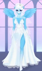 Size: 2346x4000 | Tagged: suggestive, artist:xjenn9, ponerpics import, oc, oc:icy heart, unofficial characters only, anthro, breasts, cleavage, clothes, dress, female, high heels, image, png, shoes, socks (coat marking), solo, solo female, stocking feet, wedding dress