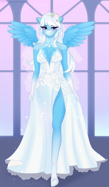 Size: 2346x4000 | Tagged: suggestive, artist:xjenn9, ponerpics import, oc, oc:icy heart, unofficial characters only, anthro, breasts, cleavage, clothes, dress, feet, female, high heels, image, png, shoes, socks (coat marking), solo, solo female, stocking feet, wedding dress