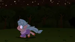 Size: 2035x1145 | Tagged: safe, artist:jen-neigh, artist:mlpadventures2020, derpibooru import, cozy glow, g4, base used, clothes, forest, hooves, image, missing wing, nature, night, png, running, running away, scared, tree, wingless, winter outfit